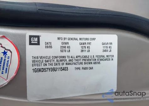 2006 Cadillac Dts Standard из США, поврежденный, VIN 1G6KD57Y06U115403